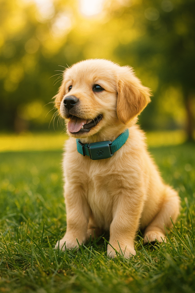 Filhote de cachorro usando coleira GPS azul no parque – coleira inteligente para pets