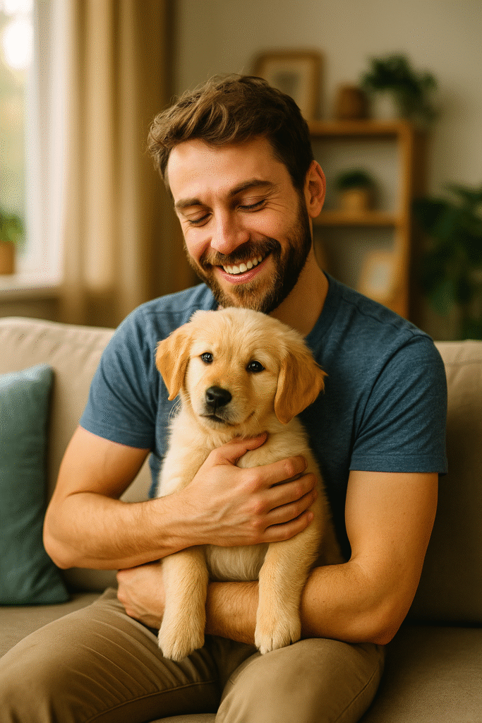 Tutor segurando um filhote de cachorro no colo – Sobre o Incrível Mundo Pet