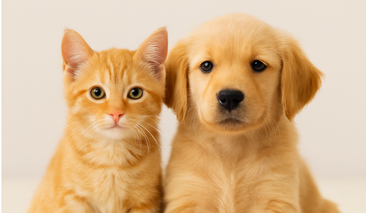 Gatinho laranja e filhote de cachorro dourado lado a lado, olhando para a câmera com expressão curiosa. esperando para que Entre em Contato com o Incrível Mundo Pet
