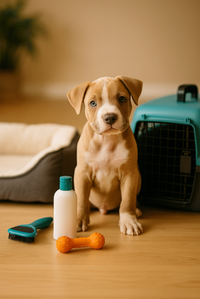 itens essenciais para filhote ,escova, caminha, shampoo, mordedor e caixa de transporte ao lado de um filhote