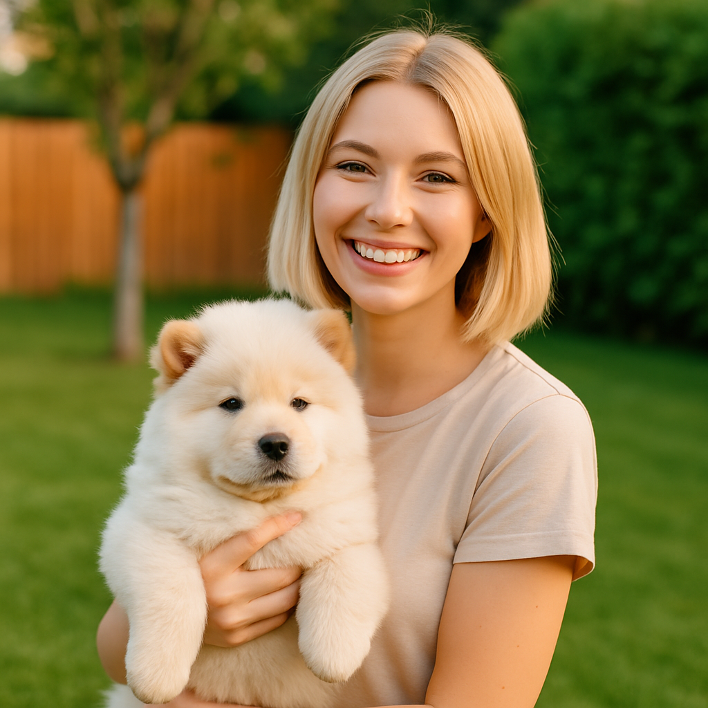 Garota segurando filhote de chow chow branco no quintal
