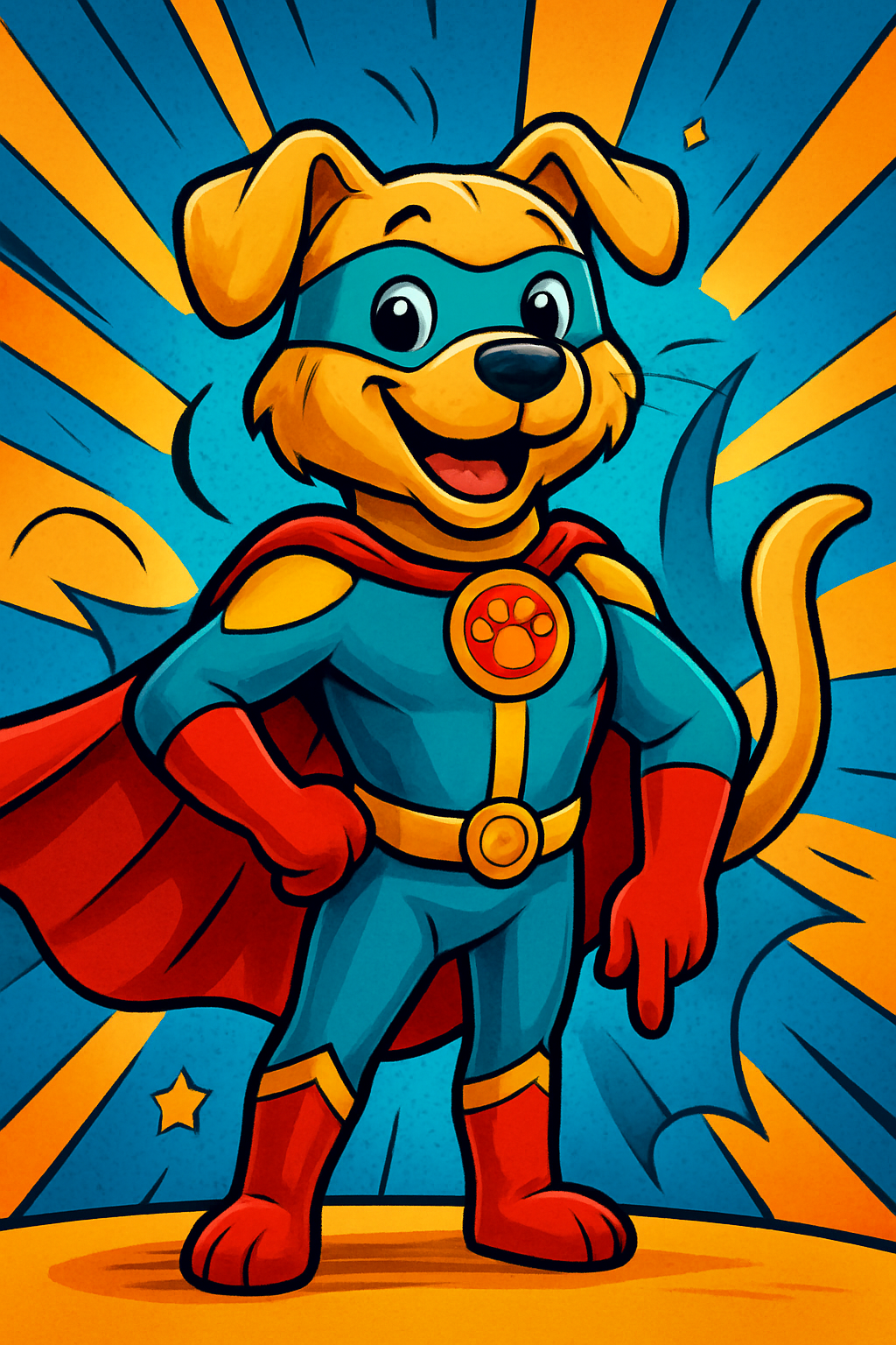Ilustração de um super-herói pet em estilo cartoon, com capa e uniforme colorido, apontando o dedo para baixo com expressão confiante, sobre um fundo vibrante, simbolizando proteção e cuidado com os animais de estimação no blog Incrível Mundo Pet