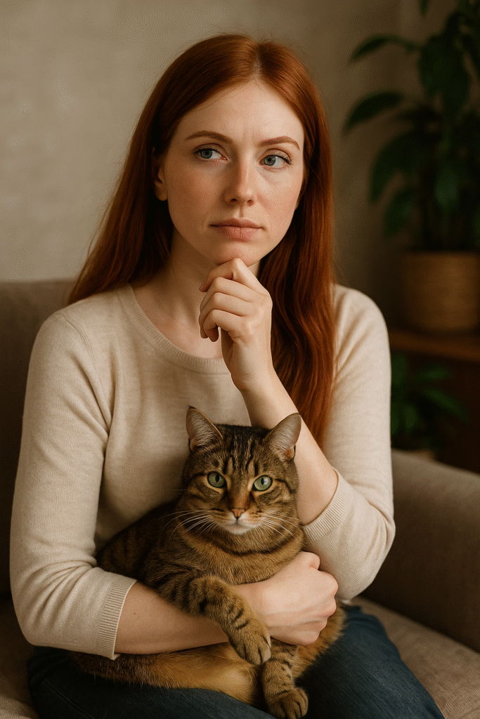 mulher pensando nas avaliações de produtos para pets