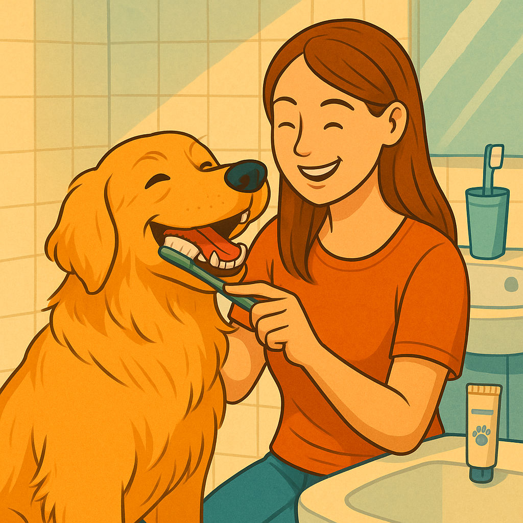 Ilustração colorida mostrando uma tutora escovando os dentes de um cachorro feliz em um ambiente doméstico, representando cuidados com a saúde bucal dos pets.