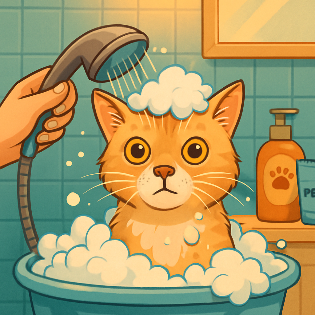 "Pessoa dando banho em um gato com espuma, representando cuidados e higiene para pets."gatos tomar banho