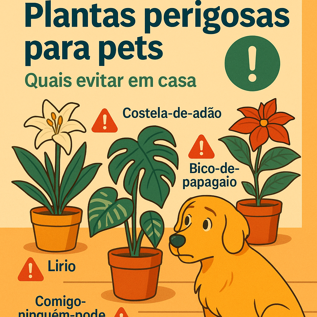 uma mulher com expressão preocupada ao lado de um cão e um gato, enquanto aponta para uma planta tóxica — simbolizando os perigos de certas plantas perigosas para pets.