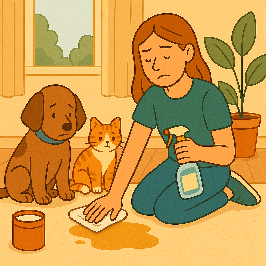 Ilustração digital mostra uma mulher limpando o chão ao lado de um cachorro, representando soluções caseiras para tirar o cheiro de xixi do tapete e manter a casa limpa e sem odores. .cheiro de xixi no tapete