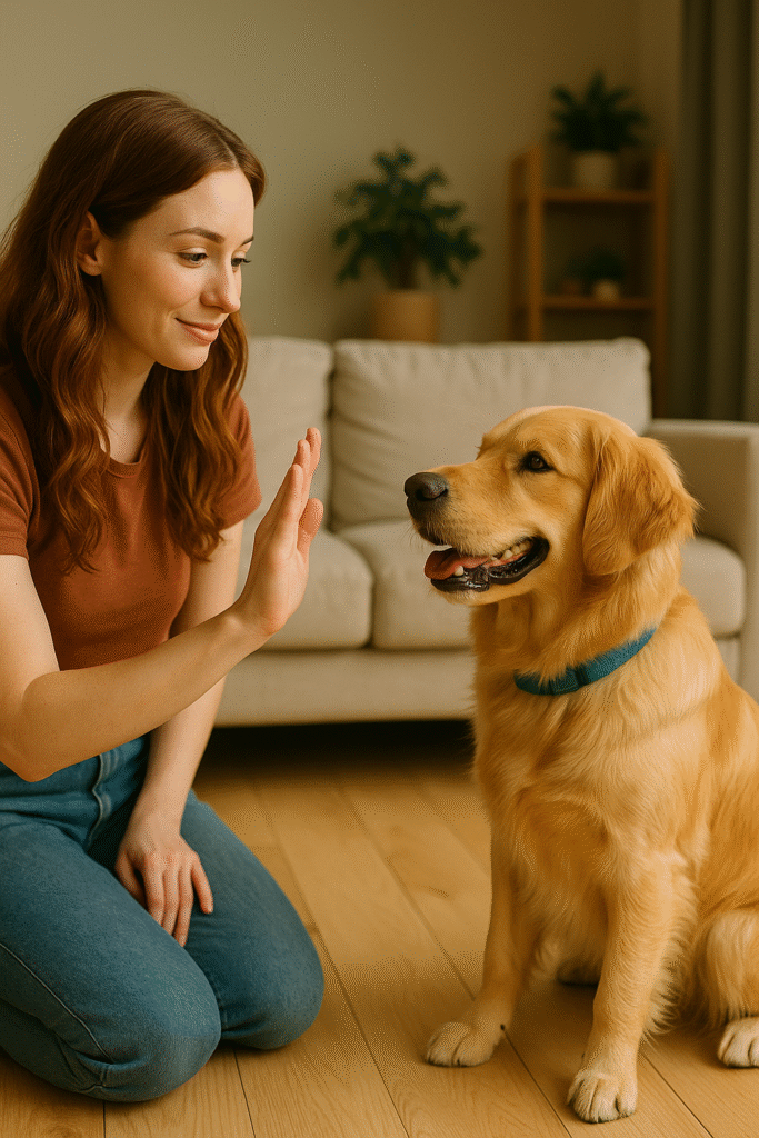 Mulher sorridente oferecendo petiscos a um cão sentado, representando o adestramento com comandos básicos como senta, fica e vem.Como Ensinar Comandos Básicos ao Cachorro: Senta, Fica e Vem