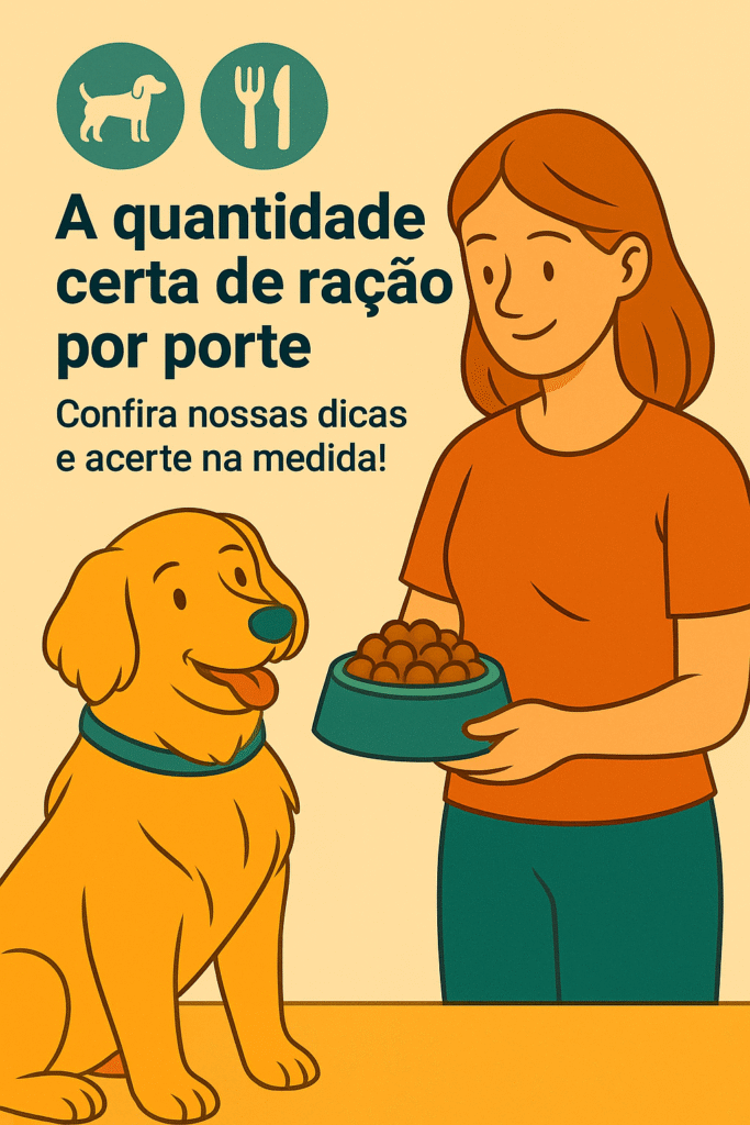 Ilustração digital em estilo flat mostra uma mulher ruiva segurando dois potes de ração, com um cachorro grande à esquerda e um pequeno à direita, representando diferentes portes e a quantidade ideal de alimento para cada um , A Quantidade Certa de Ração para Cães por Porte: Guia Prático
