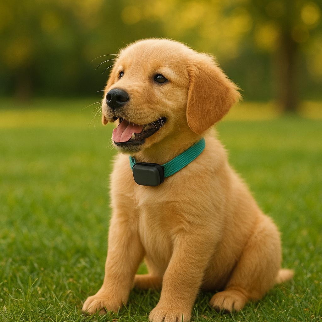 Filhote de cachorro usando coleira GPS azul no parque – coleira inteligente para pets no mundo pet
